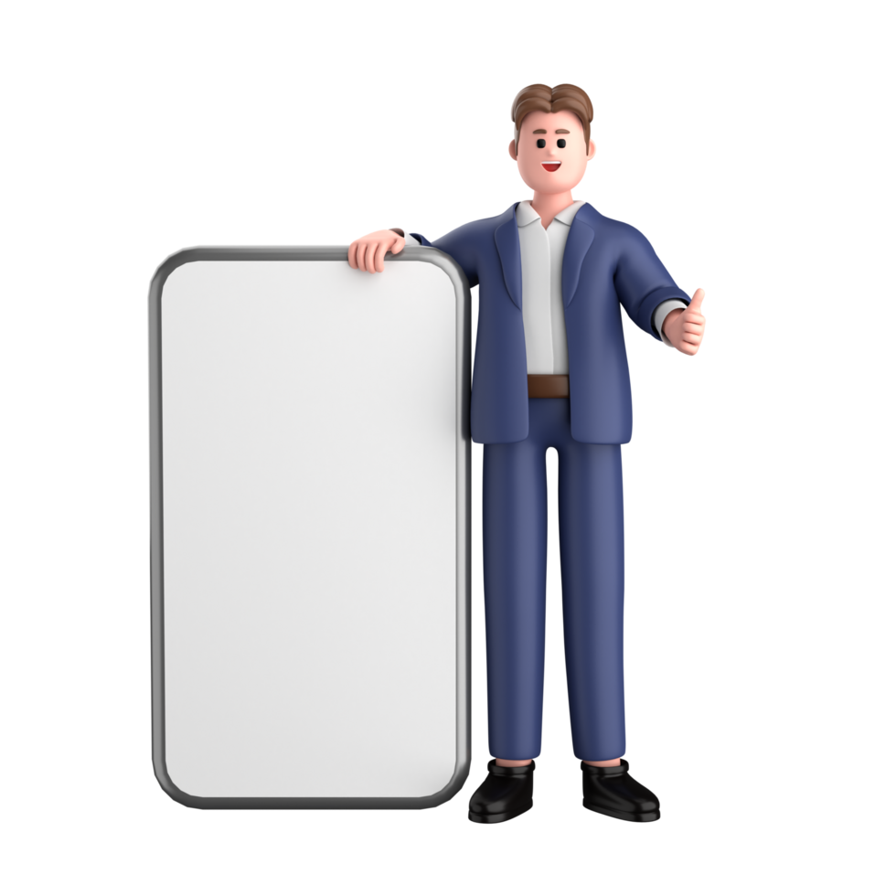 3d businessman executive pose wearing suit standing with blank screen mobile phone isolated on transparent background, 3d rendering png