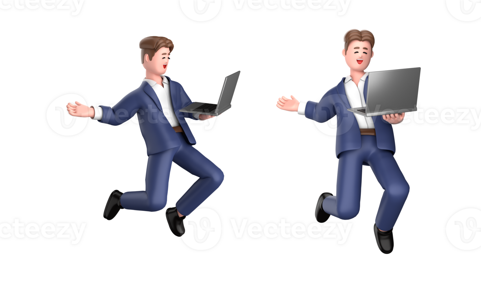 3d homem de negocios executivo pose vestindo terno em pé segurando uma computador portátil apontando publicidade isolado em branco fundo, 3d Renderização png