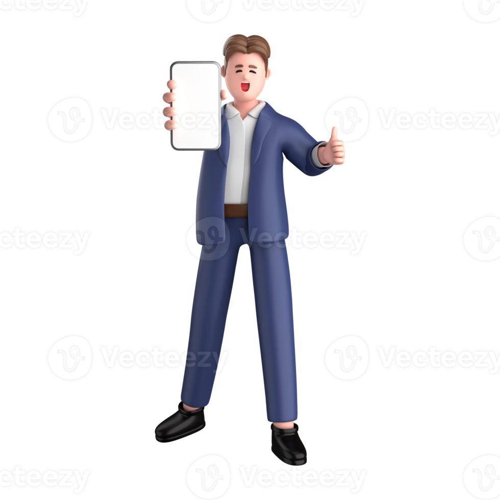 3d businessman executive pose wearing suit standing with blank screen mobile phone isolated on transparent background, 3d rendering png