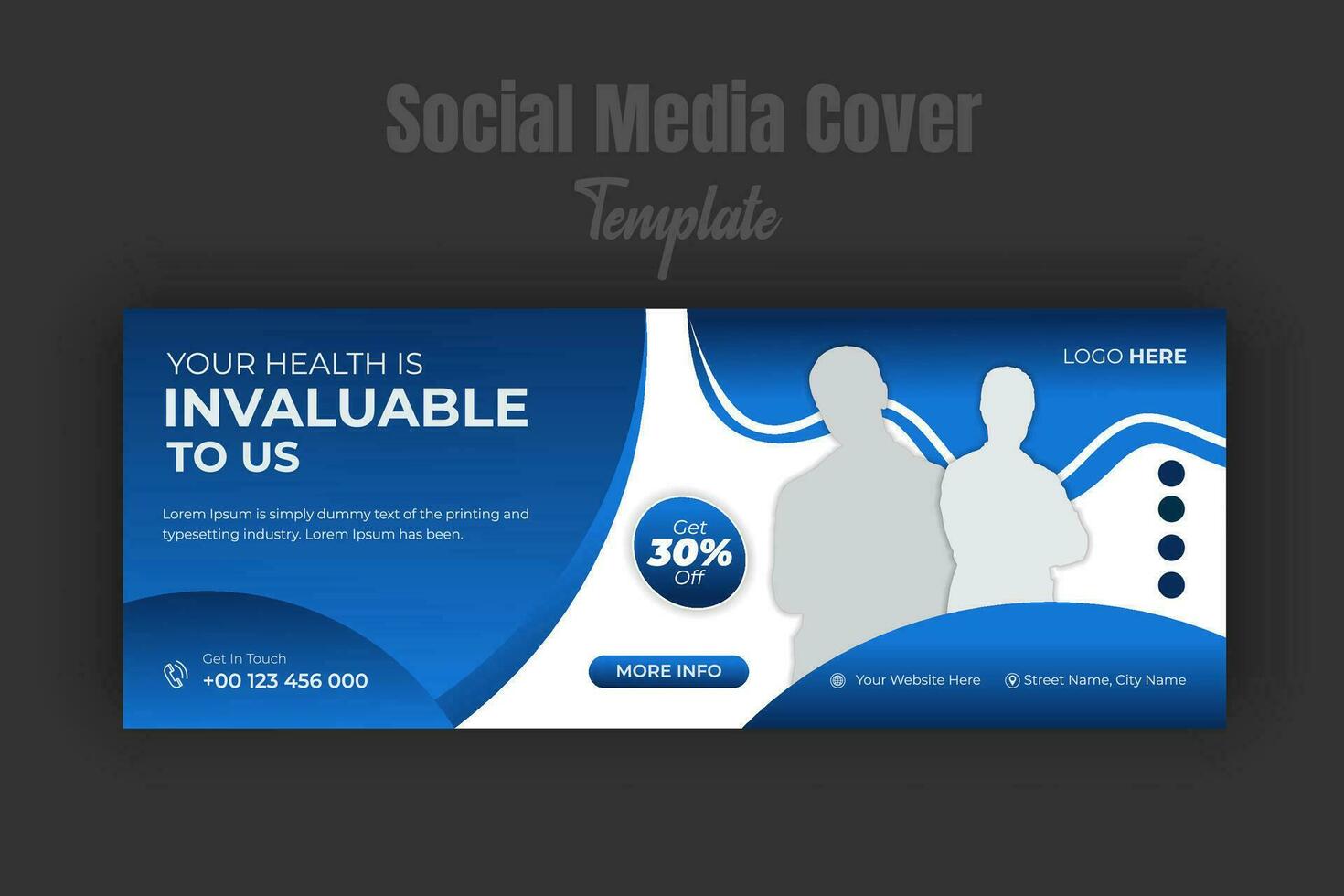 Geometric medical and healthcare service promotion or web banner or social media post template design on timeline cover with blue and orange shapes and photo place holder space vector