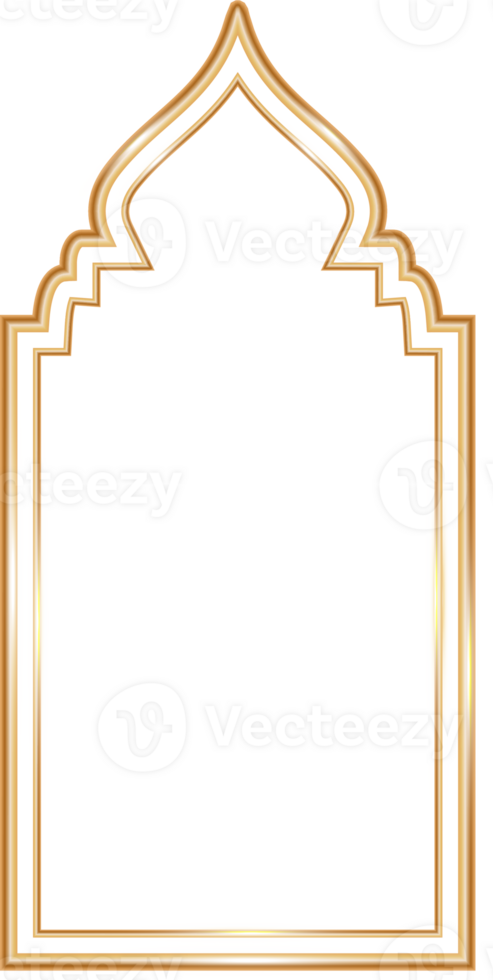 Ramadan window frame shape. Islamic golden arch. Muslim mosque element of architecture with ornament. Turkish gate and door png