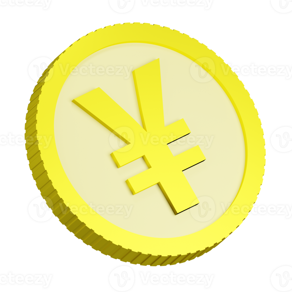 3D rendering of gold Japanese yen coin with sign of monetary unit of Japan. Symbol of Success, wealth, income. Realistic PNG illustration isolated on transparent background