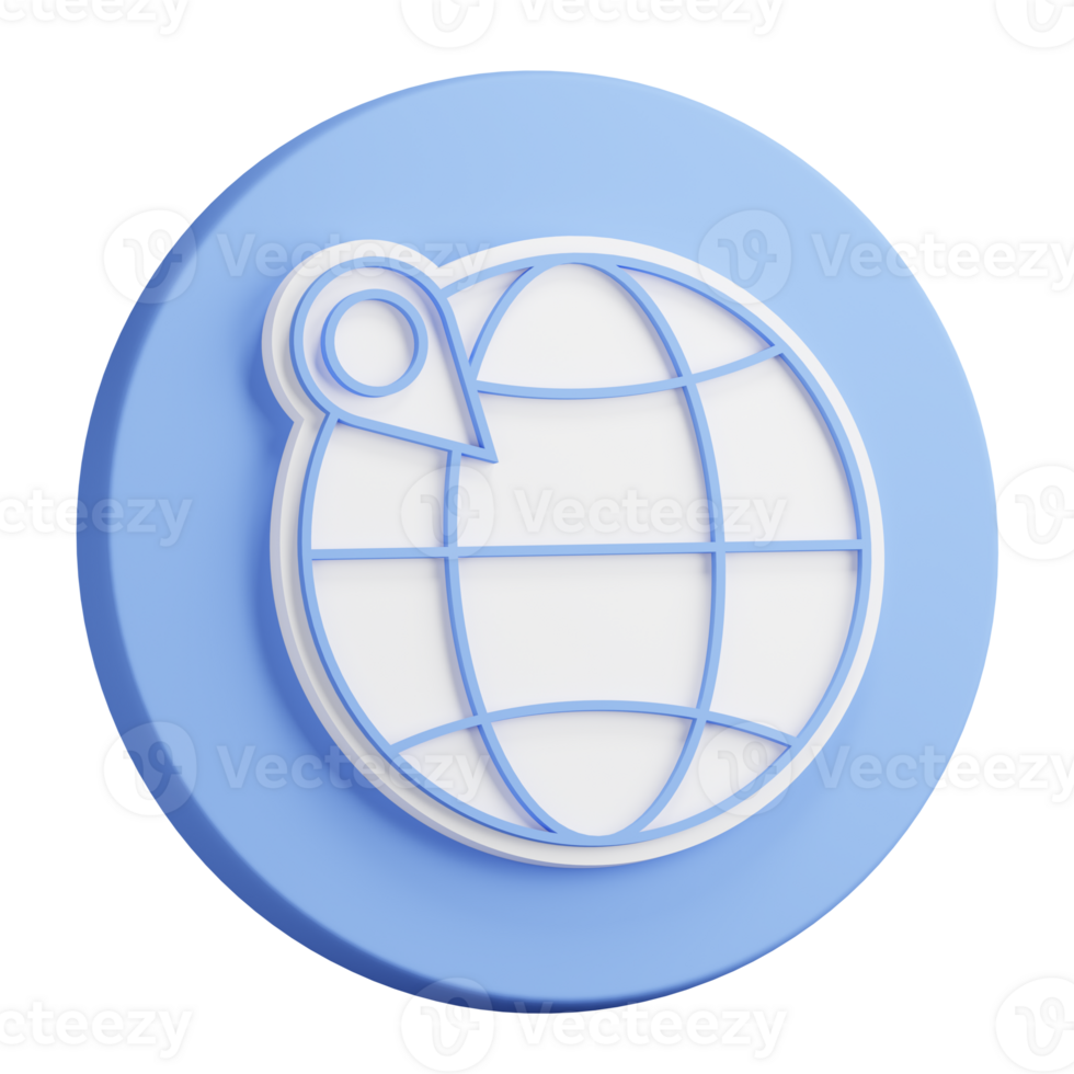 3D button rendering of globe with checkpoint mark. Navigation on map using GPS system. Realistic blue white PNG illustration isolated on transparent background