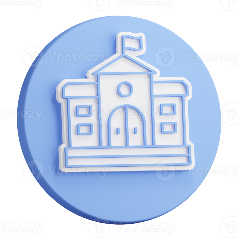 3D rendering of Facade of school house. Exterior of university building. Realistic blue white PNG illustration isolated on transparent background