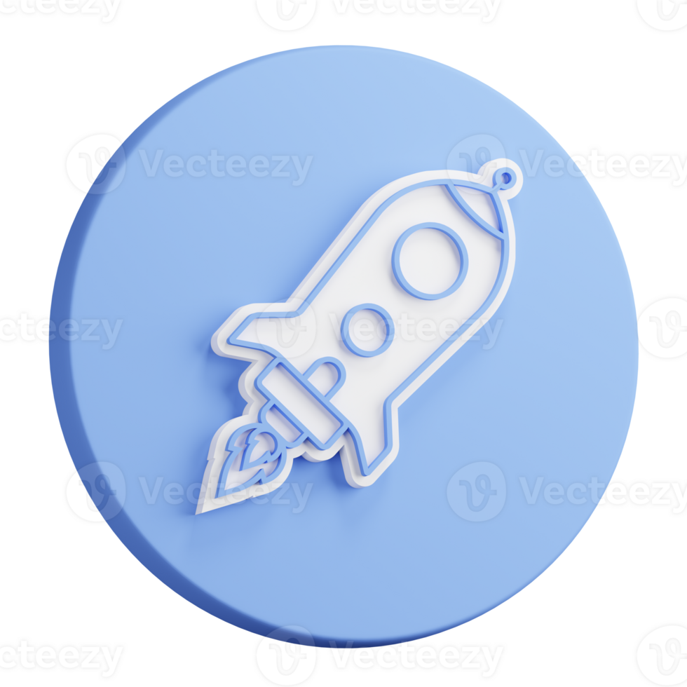 3D rendering of flying space rocket icon. Flights to Mars and planets of solar system. Technologies for space exploration. Realistic blue white PNG illustration isolated on transparent background