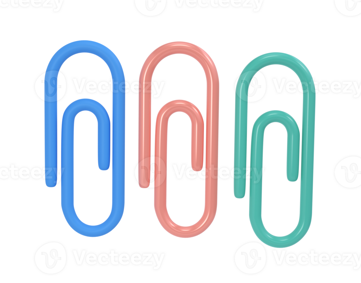Three clips 3d icon school. Volumetric tool for paper and documents. Blue, pink and green sturdy holder for attaching drawings and sketches. Staple for stationary binder for office and home accessory png