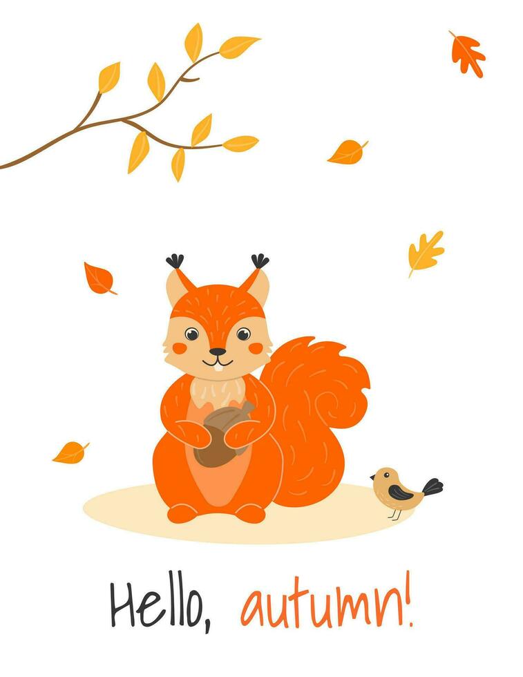 vector ilustración con linda ardilla, pájaro y hoja otoño en dibujos animados estilo. bosque animales y plantas. Hola, otoño. a4 póster.