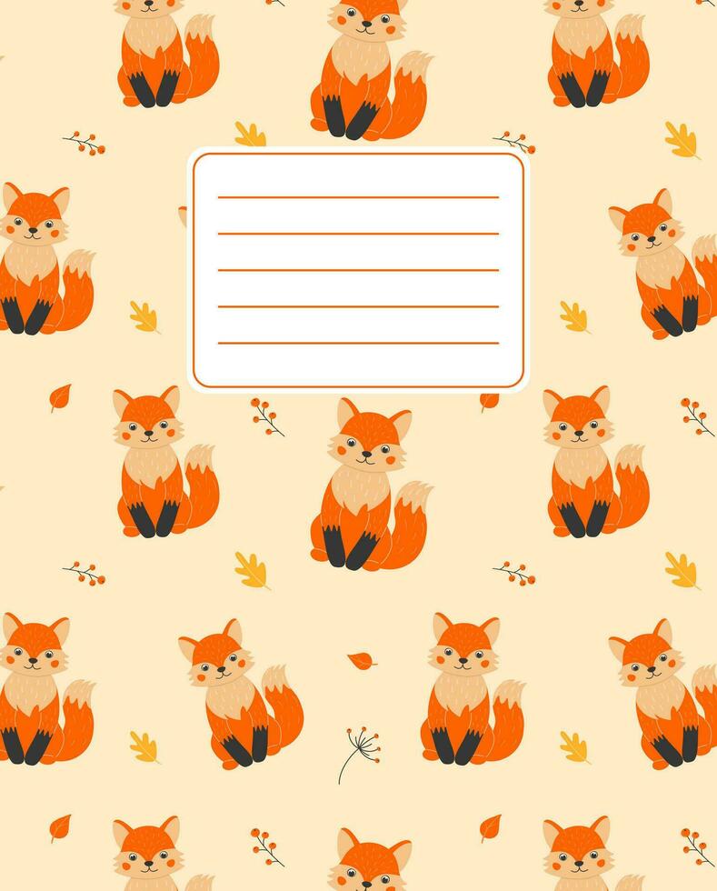 Cover design for notebooks, planners with the image of a funny fox, autumn leaves and twigs. Vector illustration in cartoon style.