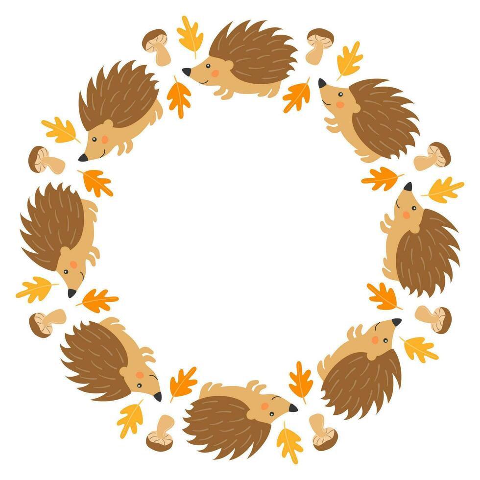 Vector round frame with cute hedgehogs, mushrooms and autumn leaves in cartoon style. Forest animals and plants. Autumn in the forest. Space for text.