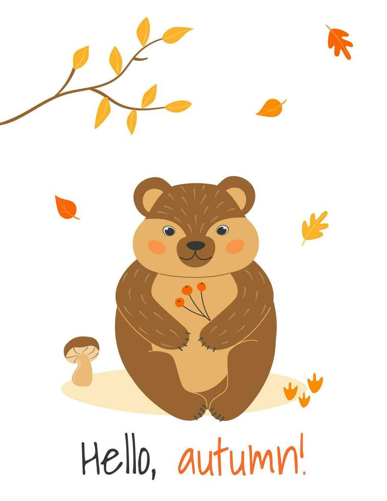 Vector illustration with cute bear, mushroom and leaf fall in cartoon style. Forest animals and plants. Hello, autumn. A4 poster.