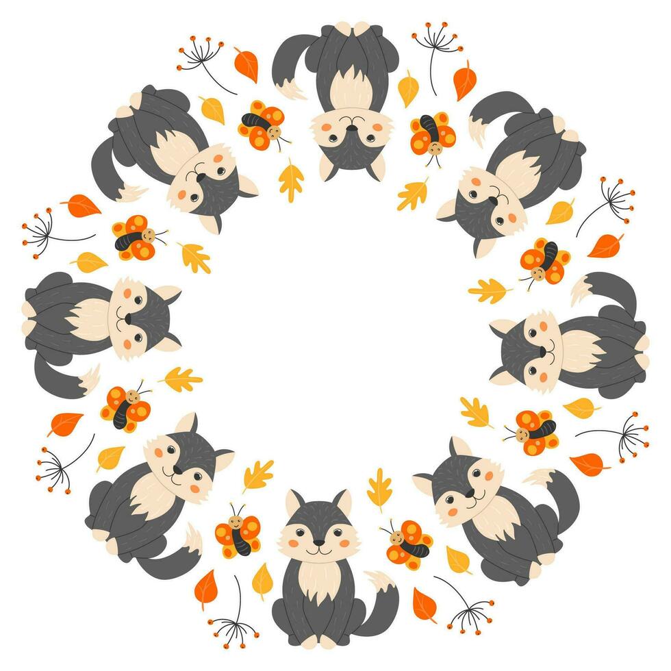 Vector round frame with cute wolves, butterflies, twigs and leaves in cartoon style. Forest animals and plants. Autumn in the forest. Space for text.