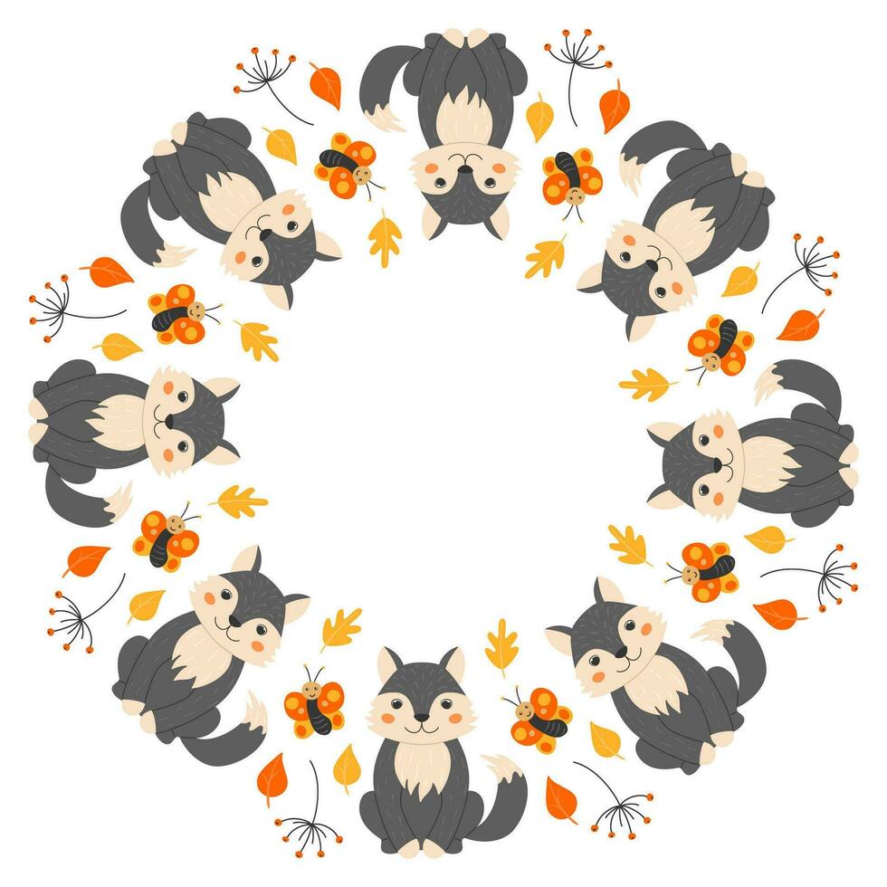 Vector round frame with cute wolves, butterflies, twigs and leaves in cartoon style. Forest animals and plants. Autumn in the forest. Space for text.