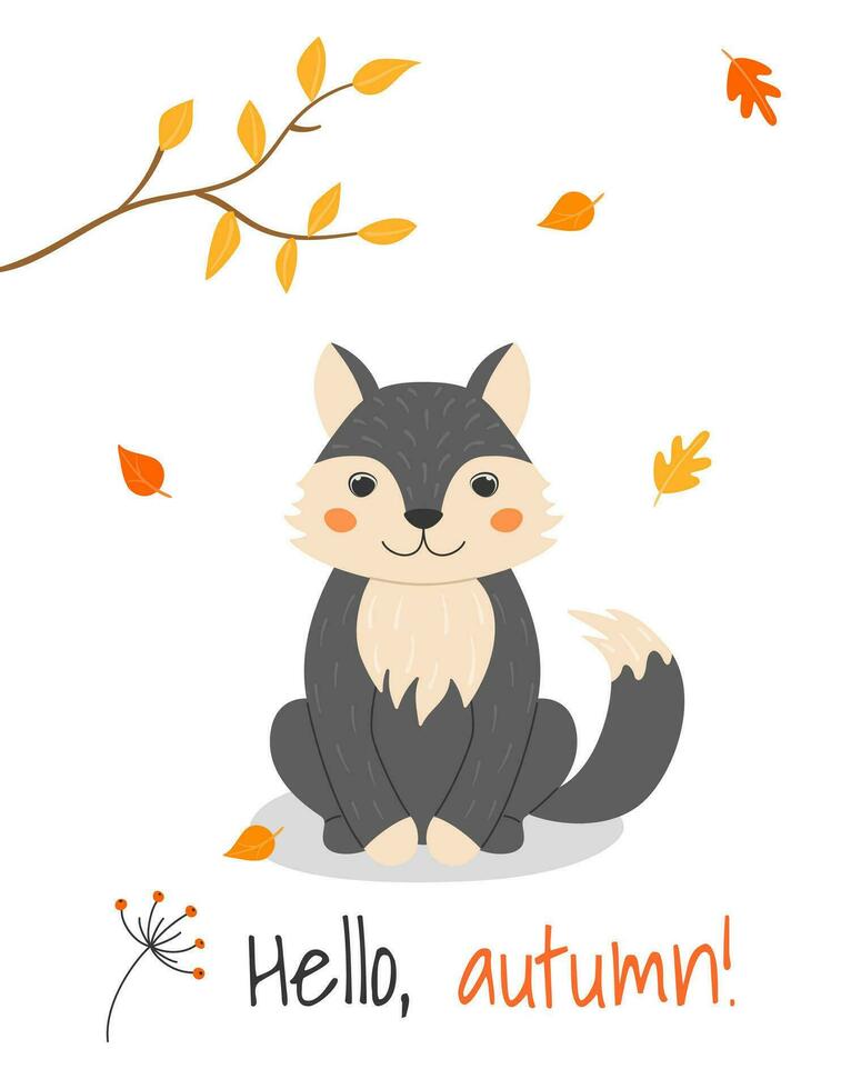 A4 poster with cute wolf and autumn leaves in cartoon style. Forest animals and plants. Hello, autumn. vector