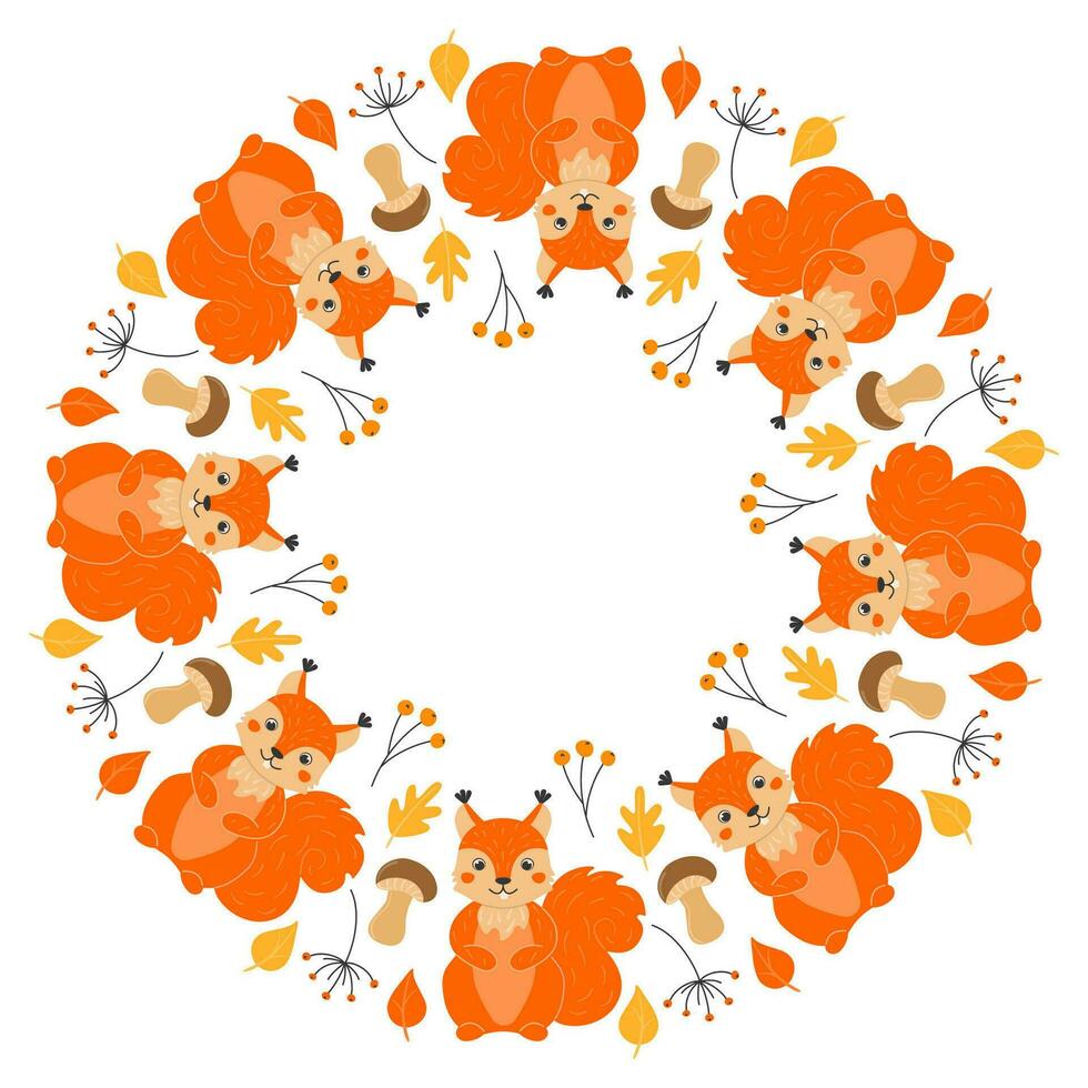 vector redondo marco con linda ardillas, hongos, leña menuda y hojas en dibujos animados estilo. bosque animales y plantas. otoño en el bosque. espacio para texto.