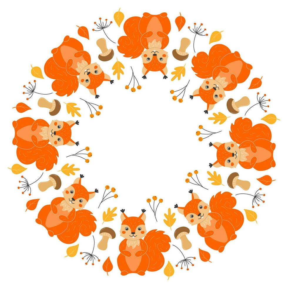 Vector round frame with cute squirrels, mushrooms, twigs and leaves in cartoon style. Forest animals and plants. Autumn in the forest. Space for text.