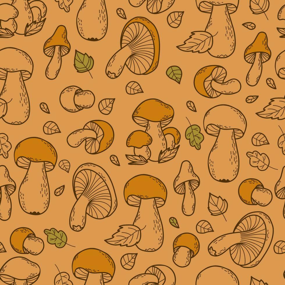 Seamless autumn pattern with forest mushrooms. Vector illustration in doodle hand drawn style.