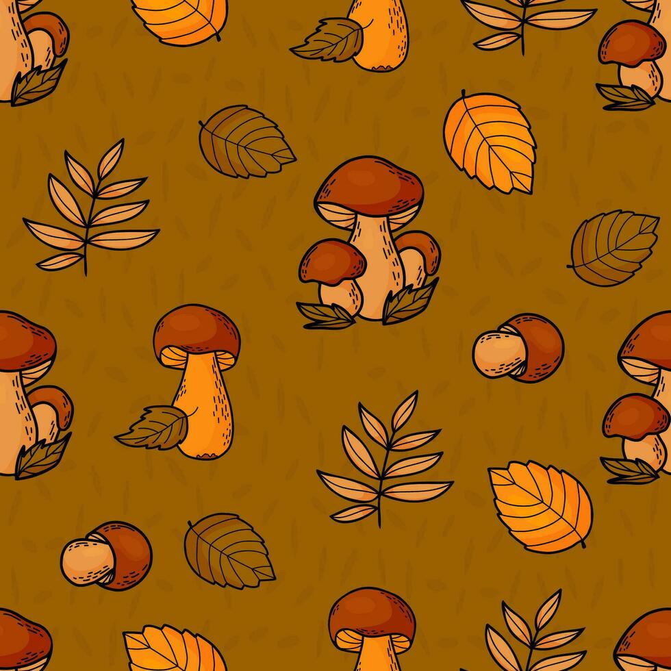 Seamless autumn pattern. Forest mushrooms on green background with colorful autumn leaves. Vector illustration .