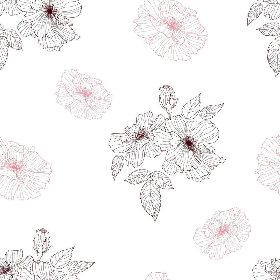 Floral seamless pattern. Blooming decorative rose flowers with buds and leaves on white background. Vector Illustration. modern art linear hand drawn for wallpaper, design, textile, packaging, decor.