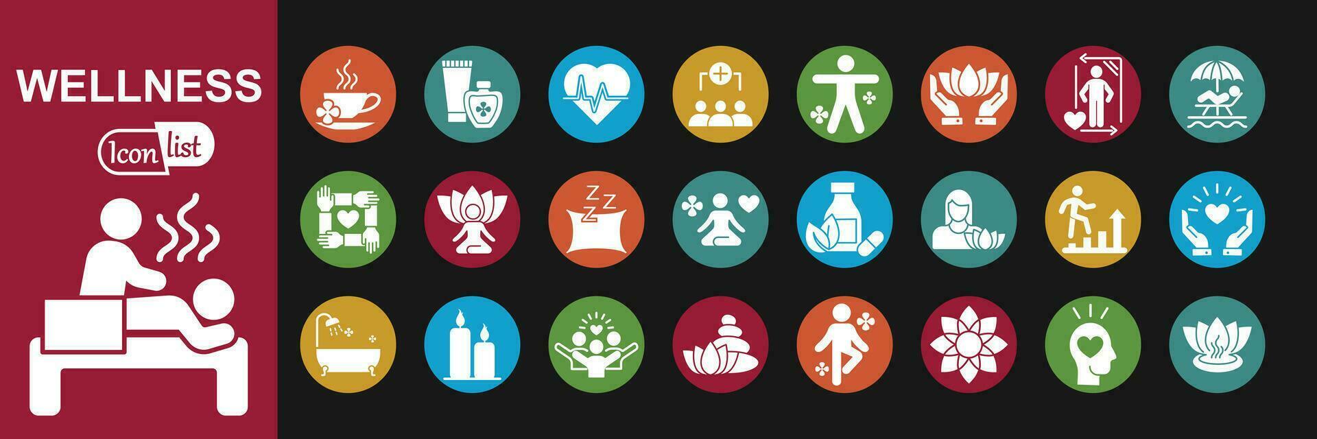 Wellness web icon set .White icon in colored circle. Relaxation, spa, sleep, yoga, health, lifestyle, spiritual practice, meditation, collection. Vector illustration.