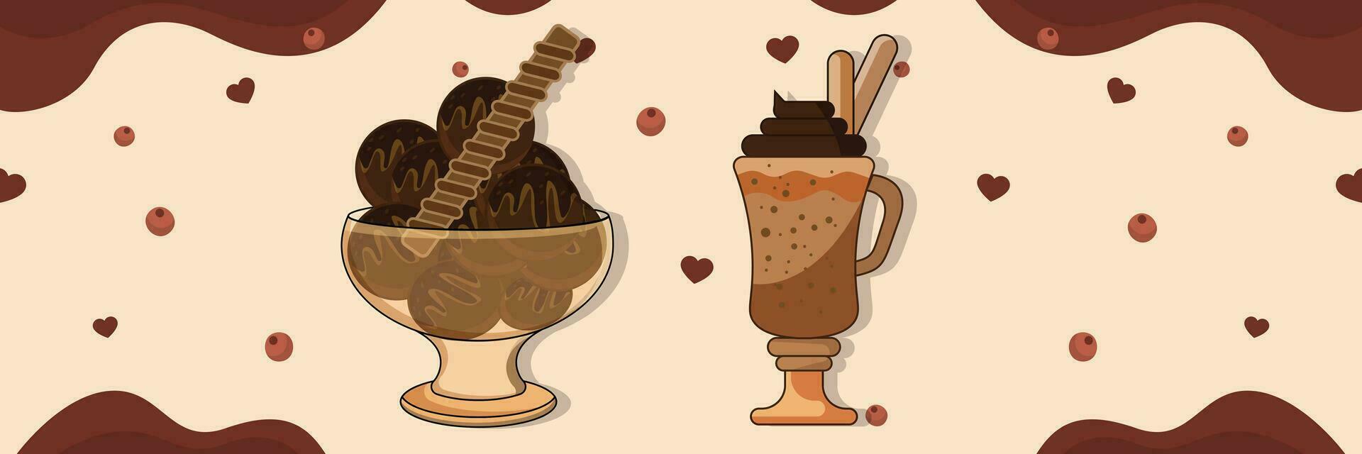 vector illustration of mixed sundae ice cream in cocktail glass with chocolate.