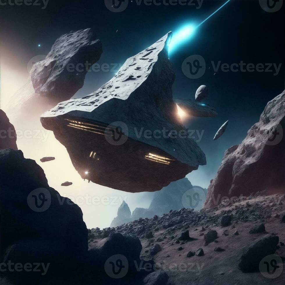 spaceship passing by rocky asteroid illustration photo