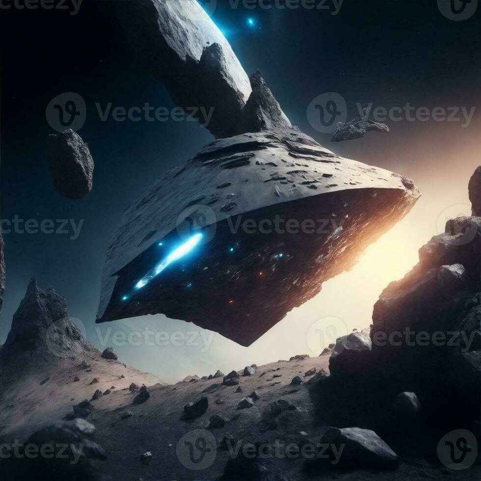 spaceship passing by rocky asteroid illustration photo