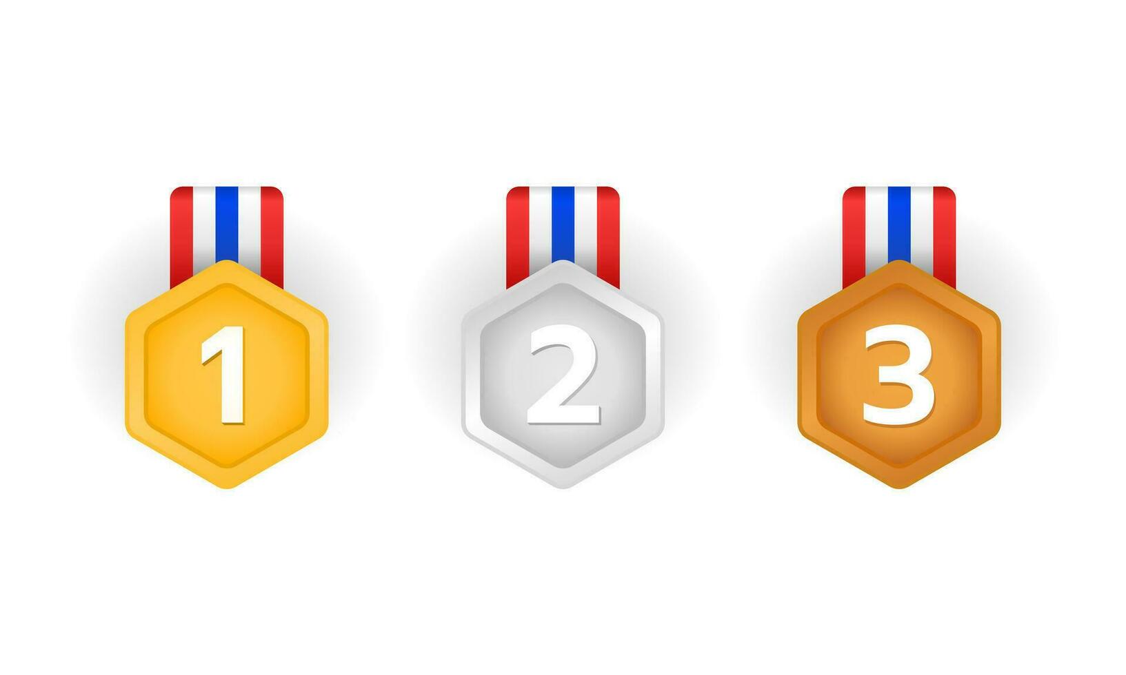 Champions reward Gold, Silver, and bronze medals. Winner medal set with ribbon. Vector illustration.