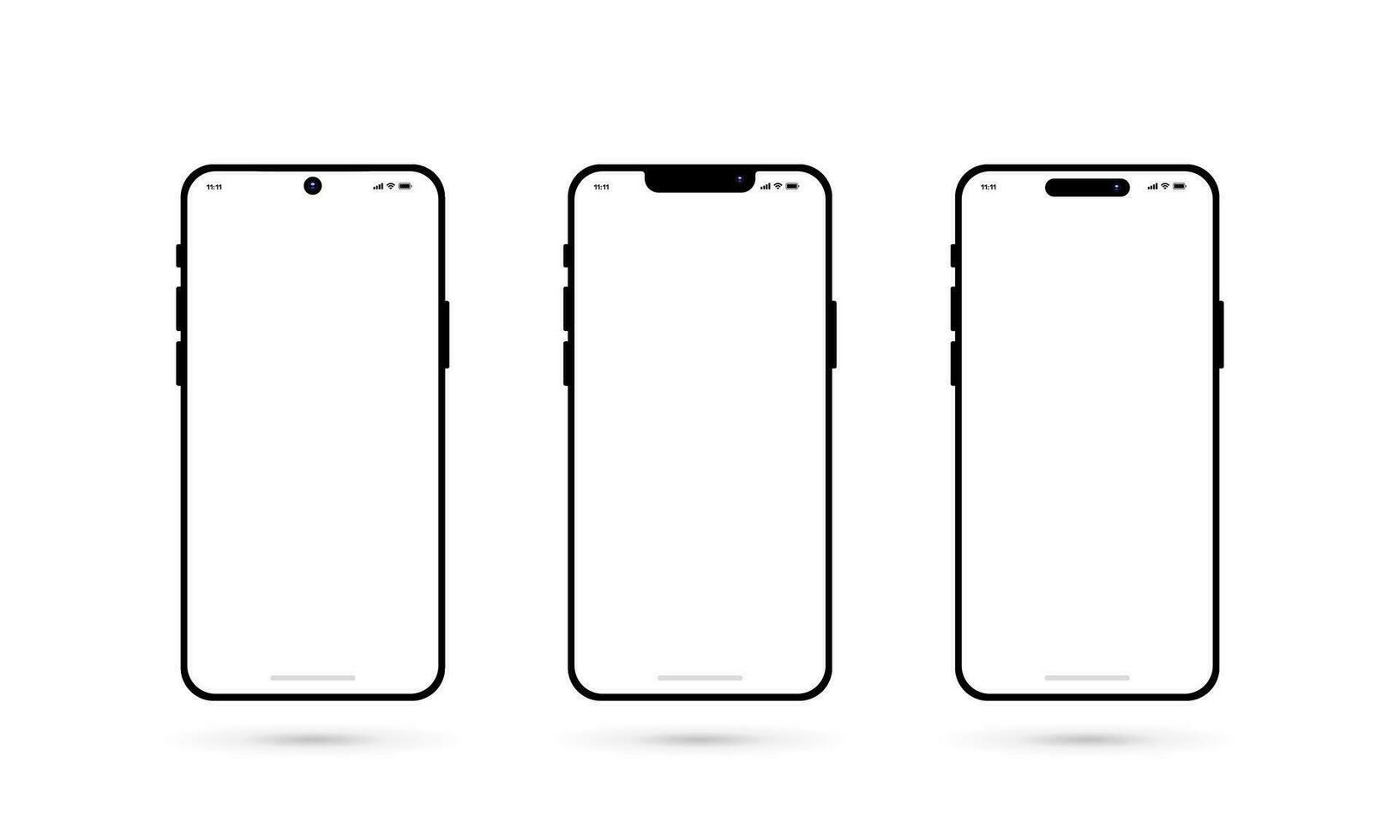 Smartphone mockup white screen. Mobile phone 3 style camera. Vector illustration.