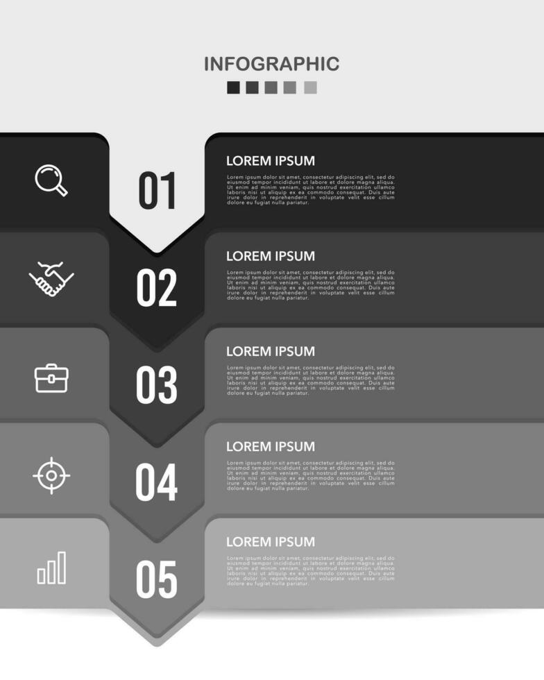 Black and white gradient vertical infographic 5 steps to success. Vector illustration.