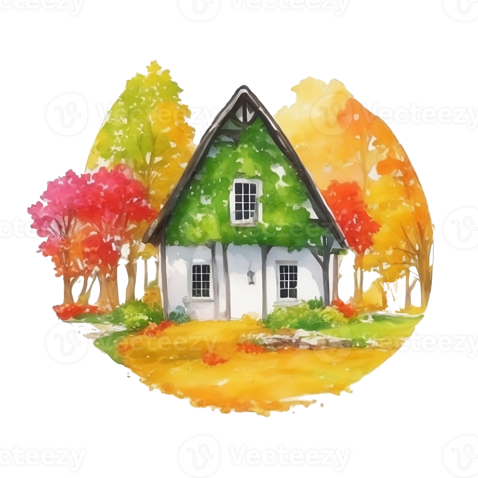 Watercolor English country house with 4 seasons AI Generative png