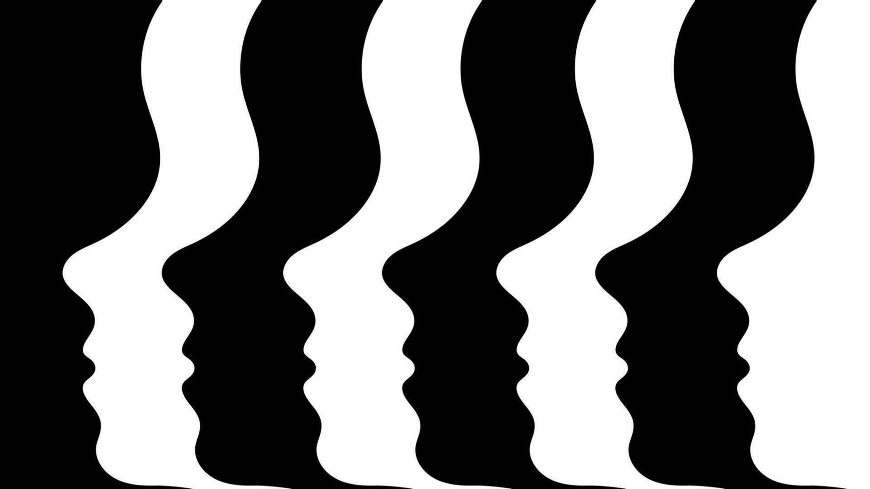 Alternating black and white silhouettes of faces in profile in a row. Optical illusion. Background. Surreal image of the crowd. The concept of uniformity and mass character. Contrast, monochrome vector. vector