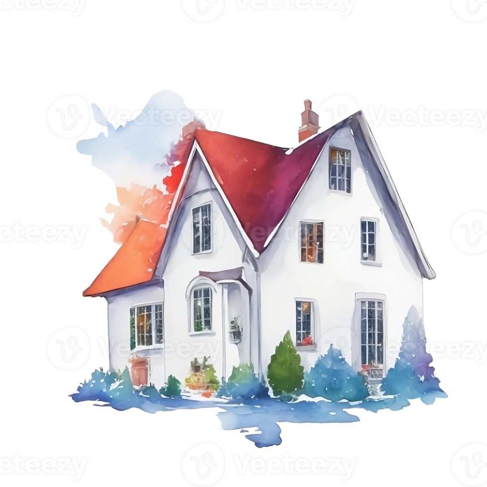 Watercolor English country house with 4 seasons AI Generative png