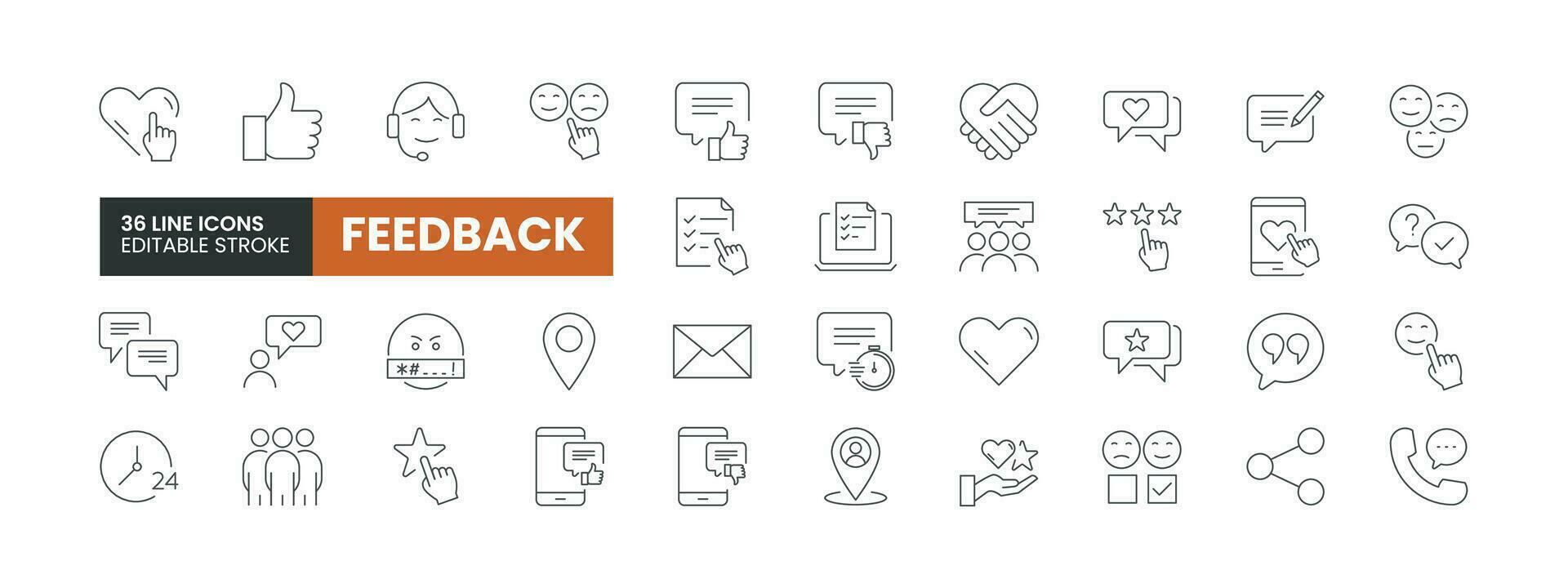 Set of 36 Feedback Line icons set. Feedback outline icons with editable stroke collection. Includes ratings, testimonials, quick response, support and More. vector
