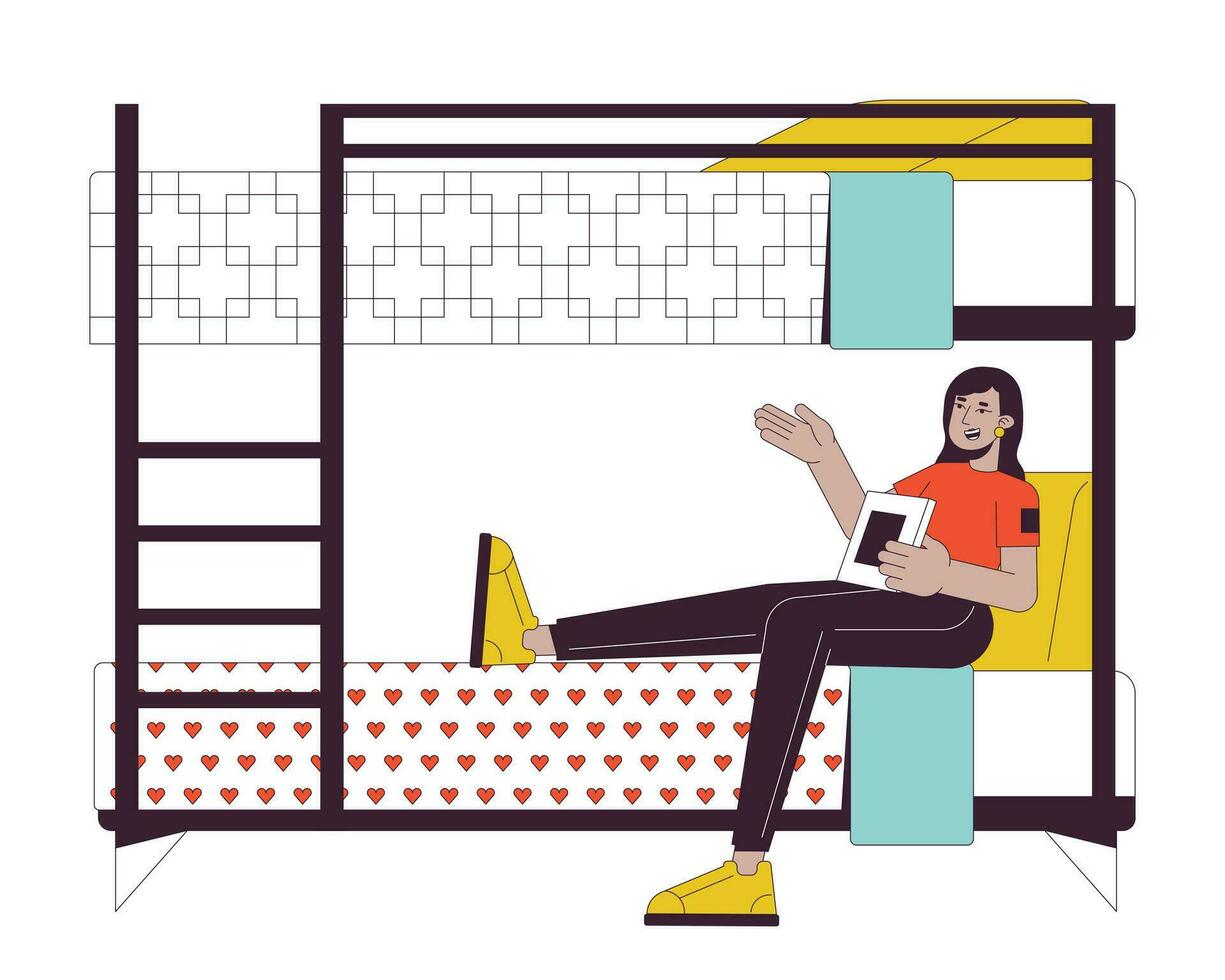 Indian woman with book sitting on bunkbed flat line color vector character. Editable outline full body person on white. Student girl in dorm simple cartoon spot illustration for web graphic design