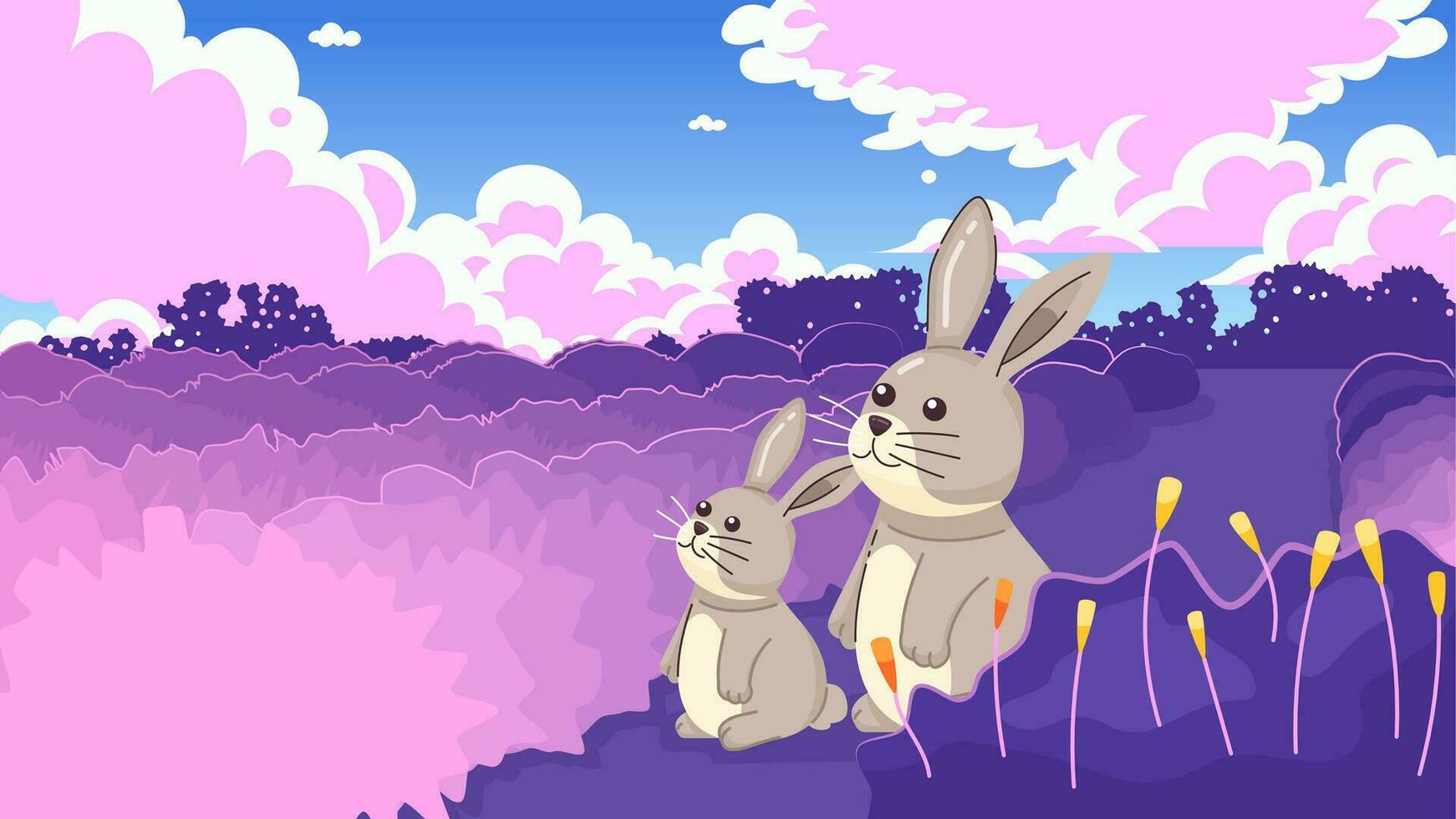 Kawaii rabbits cute chill lo fi wallpaper. Bunnies sitting on grass, looking on sky. Pretty animals 2D vector cartoon characters illustration, lofi anime background. 90s kawaii aesthetic, dreamy vibes