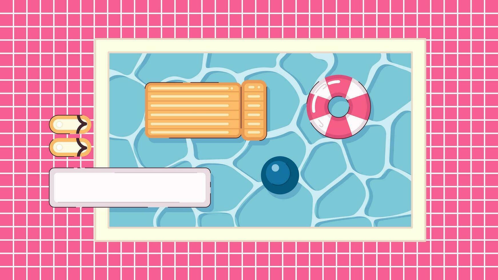 nadando piscina linda kawaii lo fi antecedentes. relajante zona. flotante colchón en agua 2d vector dibujos animados exterior ilustración, lofi estético fondo de pantalla escritorio. japonés anime escenario, soñador vibraciones