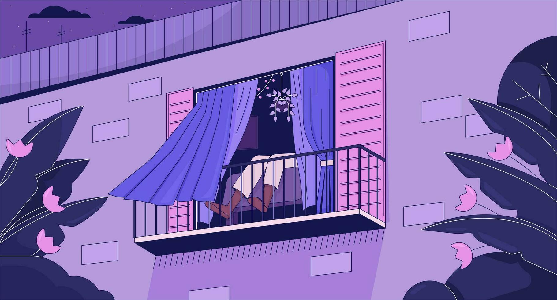 Relax on balcony lo fi aesthetic wallpaper. Opened window. Curtains blowing in wind 2D vector cartoon interior illustration, purple lofi background. 90s retro album art, chill vibes