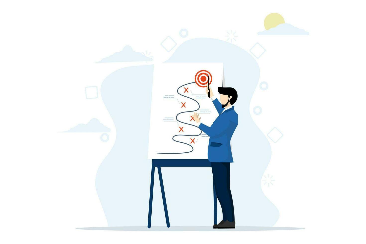 business strategy planning concept, marketing tactics to achieve target, project blockers and solutions to win and success, smart businessman presenting business winning strategy on blackboard. vector