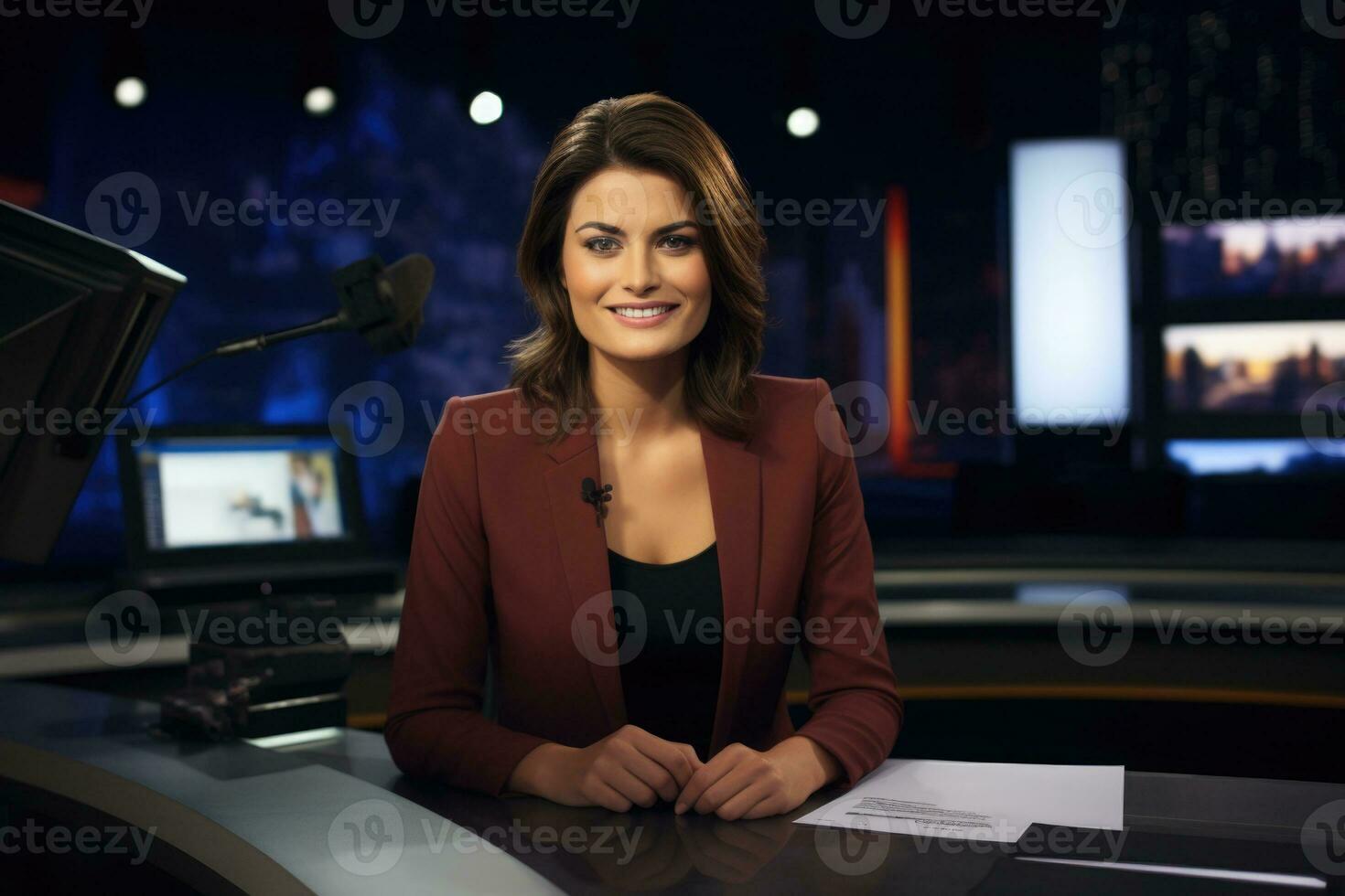 Female news anchor in TV studio on air. Generative AI photo