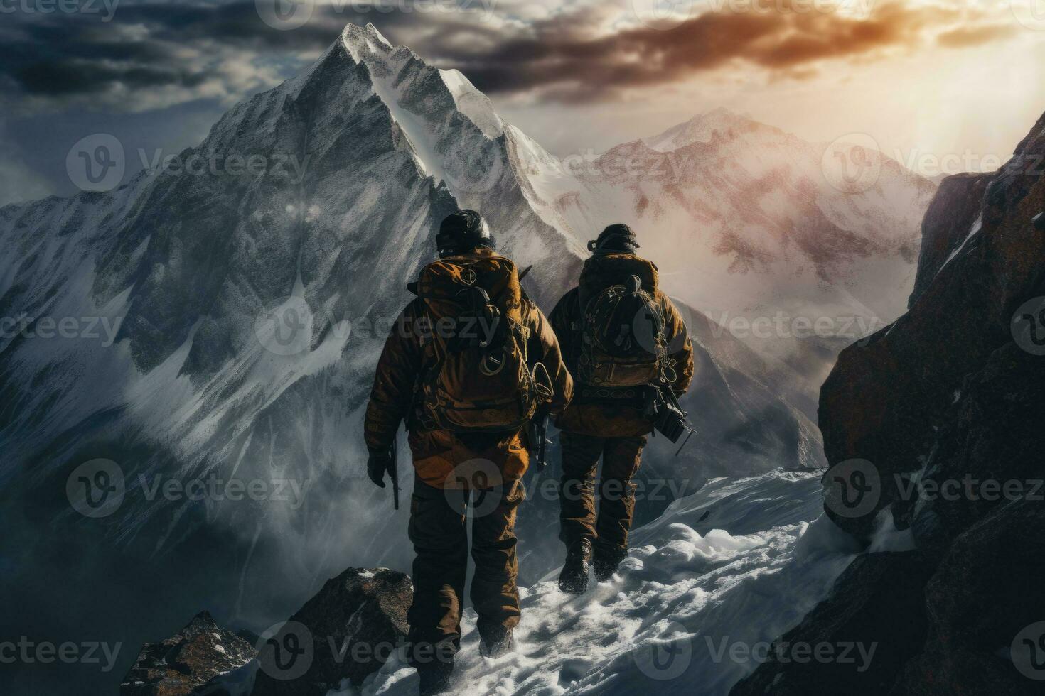 Two climbers climb the peak of a snow covered mountain. Generative AI photo