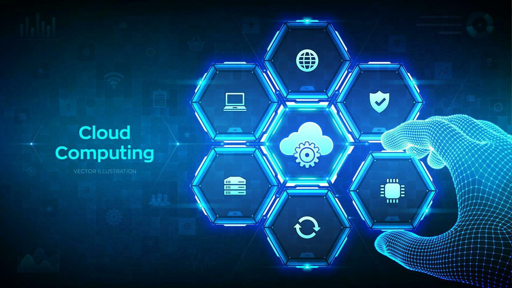 Cloud computing service. Cloud storage connection hi-tech concept. Wireframe hand places an element into a composition visualizing Cloud technology business processes. Vector illustration.