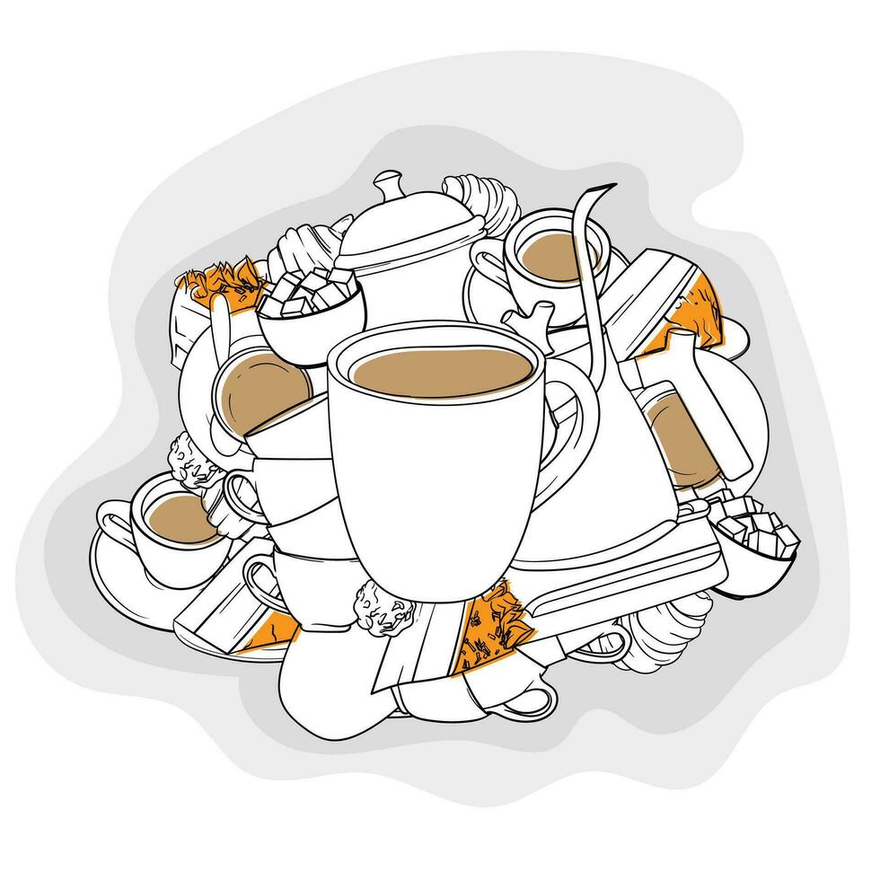 mano dibujado Arte de café tazas y postres diseño para internacional café día modelo vector