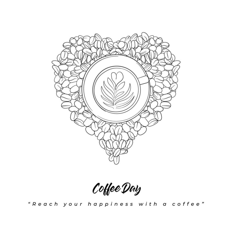 Hand drawn of coffee cup surrounded by coffee that forms a heart for coffee day campaign design vector