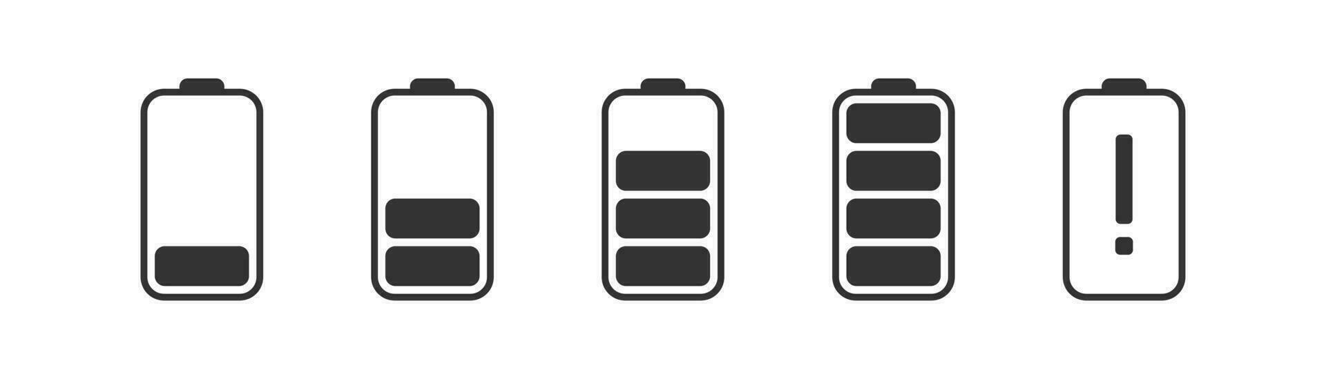 Battery icon set on white background. UI sign. Accumulator level indicator. Charging phases illustration. Flat style. vector