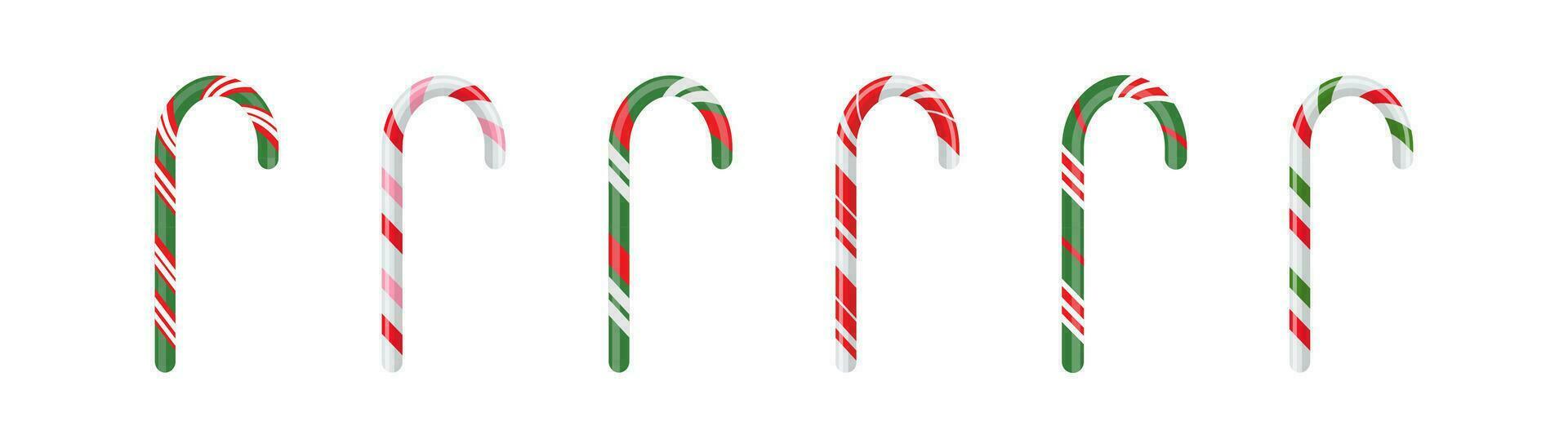 Candy cane icon set on white background. Red-green christmas candy sign. Symbol of winter holidays, xmas. Colored flat design. vector