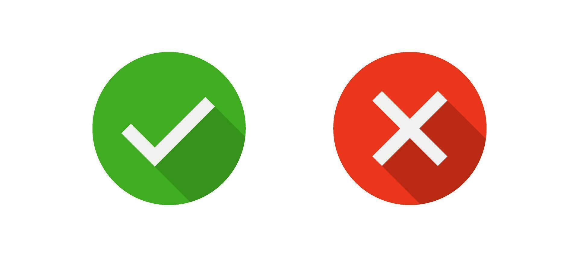 Check mark and cross mark icon in circle with shadow. OK sign. Yes or no symbol. Accept, reject concept. Green correct and red wrong sign. Flat design. vector