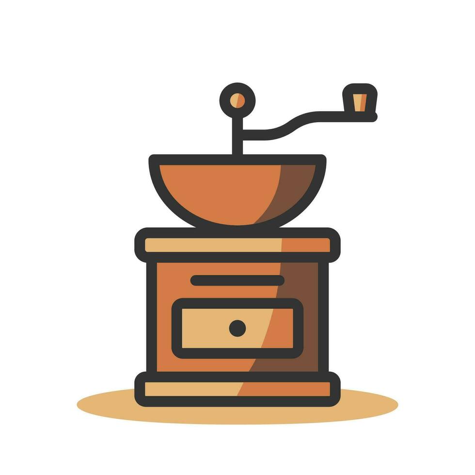 Hand coffee grinder icon on light background. Breakfast symbol. Vintage, old, coffee beans, kitchen, cafe. Outline, flat and colored style. Flat design. Vector illustration.