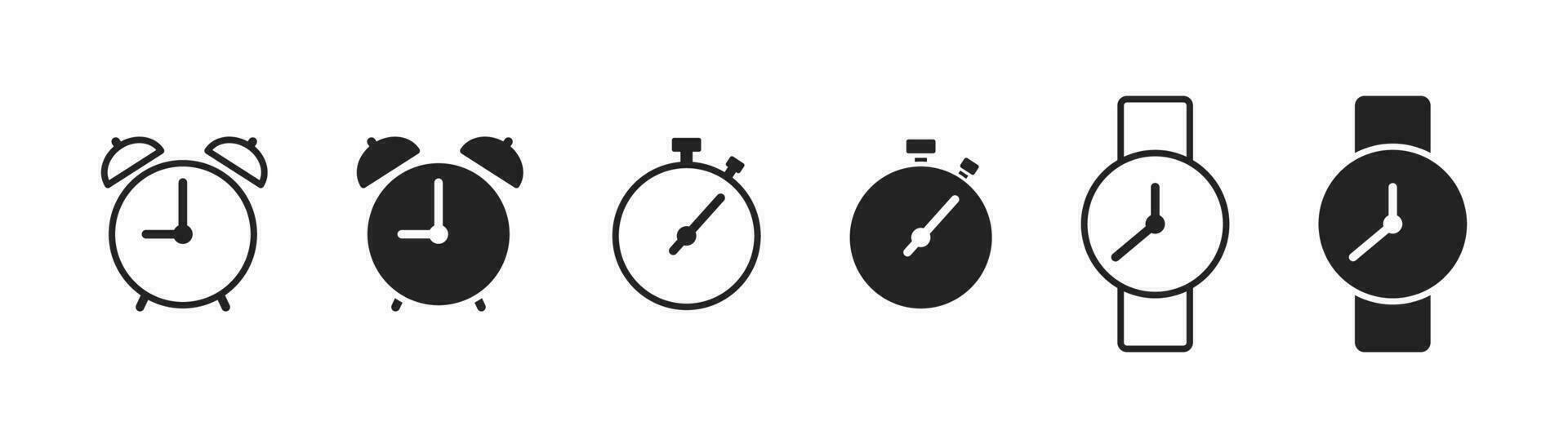 reloj icono colocar. cronógrafo signo. hora símbolo. pictograma de diferente relojes. muñeca accesorio vector