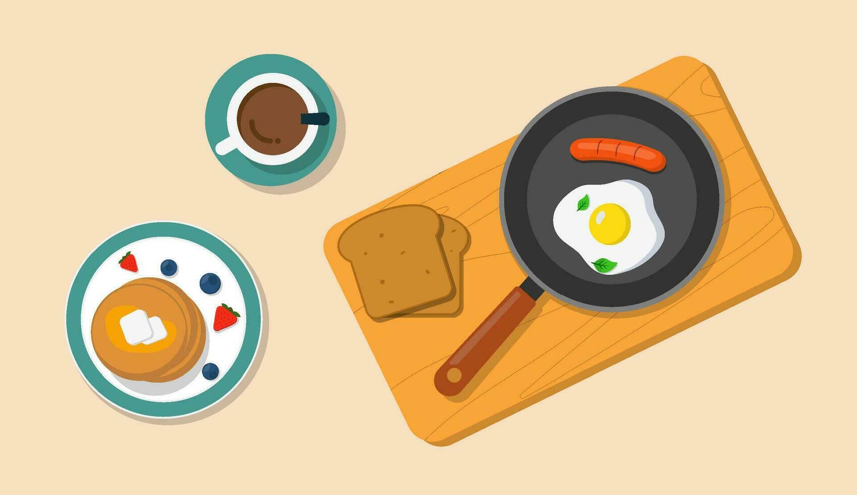 Fried eggs with sausage in pan with bread, cup of coffee, and pancakes with berries top view. Traditional breakfast symbol. Morning mood. Roast meal. Flat style with shadows. vector