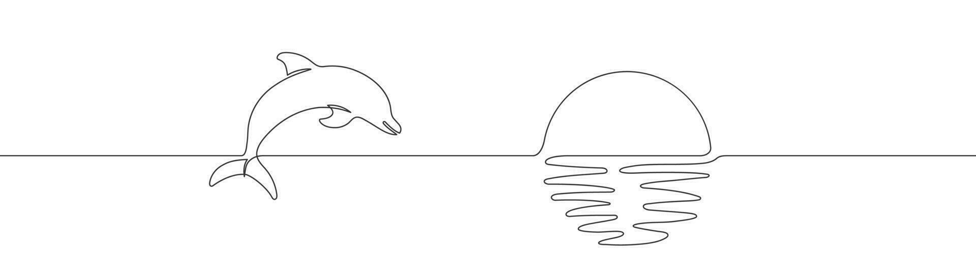 Continuous line dolphin on sunset on white background. Sun sign. Relax, summer symbol. One line art. Simple design. Thin line sketch. Flat design. vector